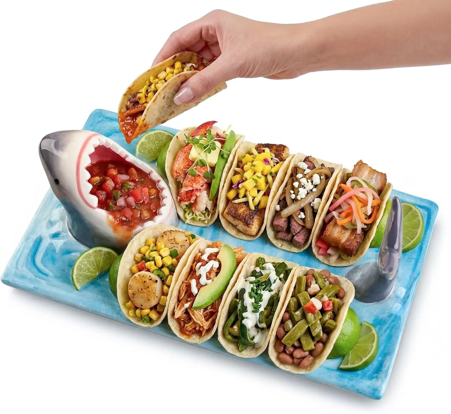 Shark Taco Holder, Handmade Ceramic Shark Sushi Plates, Funny Nacho Taco Stands Tray with Dipping Sauce Bowl, Microwave/Oven/Dishwasher Safe Plates, Holiday Birthday Gifts for Shark Party Lovers
