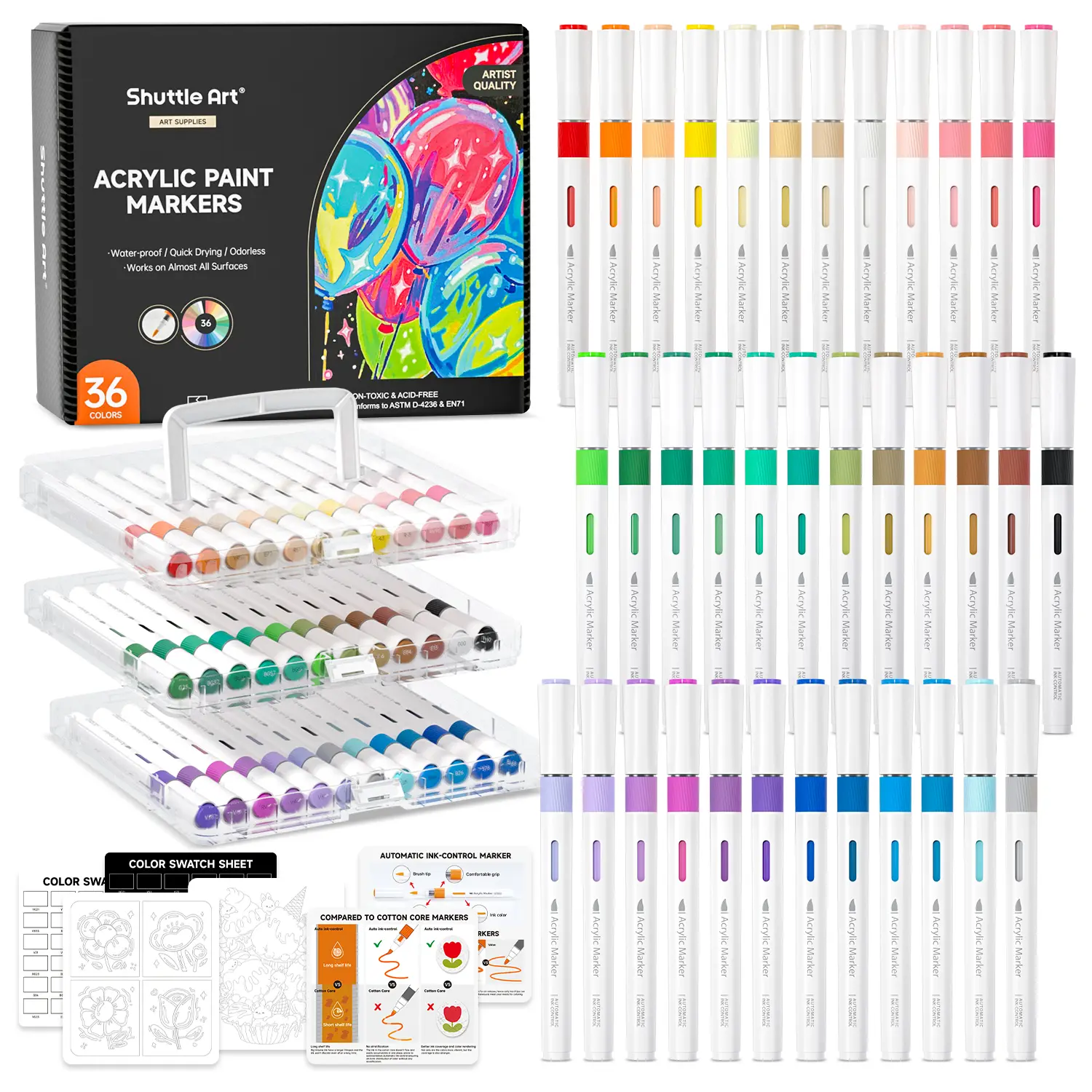 Shuttle Art Automatic Ink Control Acrylic Paint Markers, 24/36/60 Colors Brush Tip Acrylic Paint Pens for Rock Painting, Ceramic, Wood, Canvas, Glass, Stone, Fabric, Card Making, DIY & Art Supplies modelpaintingmarkers,Pastel,Metallic