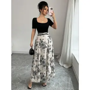 Women’s floral print belted sheer dress, elegant fashion casual A-line dress for daily outdoor wear, women’s summer clothing, black and white