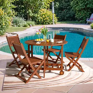 HOMALL Acacia Wood Folding Round Table with Umbrella Hole, 5-Piece Patio Dining Set, Wheels and Stowable Dining Chairs for Pool Beach Backyard Balcony Porch Deck Garden