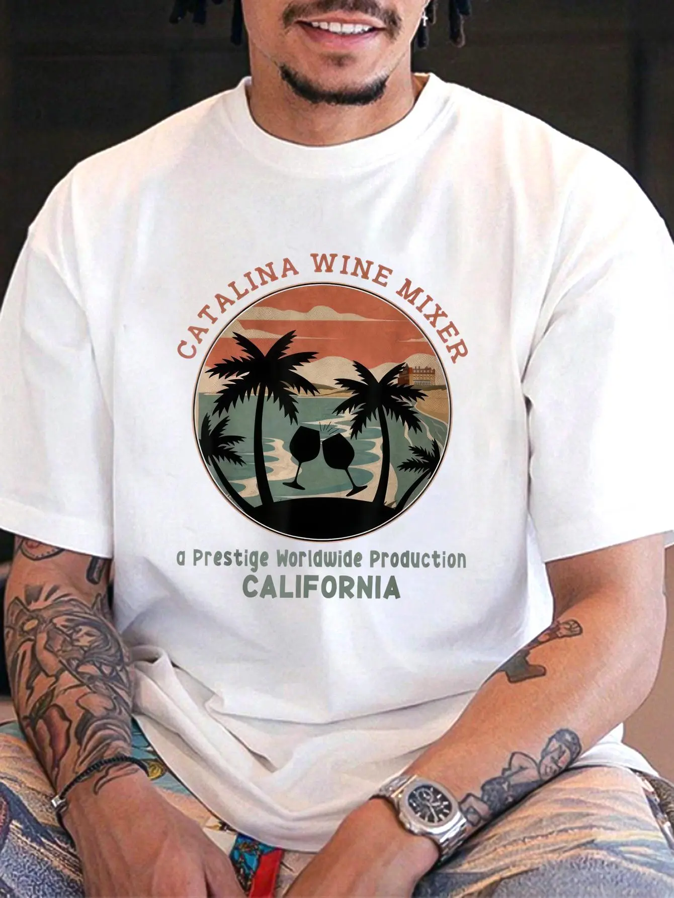 Menswear 100% Cotton Short-Sleeve Round Neck T-Shirt - Catalinas Design, Arts Mixer/Wine Bluegrass Music, Cotton Floral Graphic, Palm Tree Print, Casual Fitted/Loose Streetwear Summer Top, Cotton Floral Graphic Men's Short-Sleeve T-Shirts, Palm Graphic Me