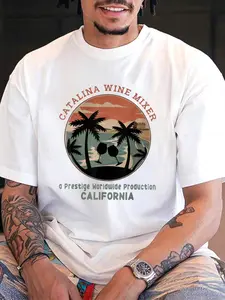 100% Cotton Catalinas Design Arts Mixer Wine Bluegrass Music Palms Tree T-Shirt, Casual Fitted Loose Streetwear, Summer Fashion Top