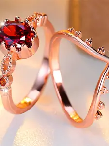 Synthetic Crystal Female Red Zirconia Oval Stone Ring Set Fashion Vintage Rose Gold Color Bridal Wedding Engagement Jewelry For Women