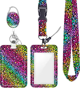 Colorful Rainbow Neon Leopard ID Badge Holder Badge Reel Lanyards for ID Badges Work Protector Retractable Carabiner Clips Heavy Duty Key Lanyard for Women Nurse   Teacher Office Boss Day