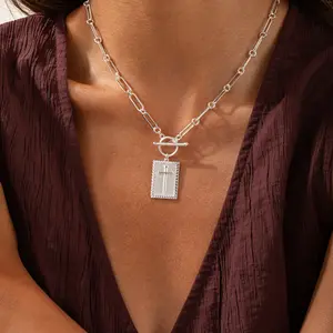 Tewiky Silver Plated Cross-shaped Paperclip Chain Necklace for Women Elegent Cross Necklace For Easter gifts