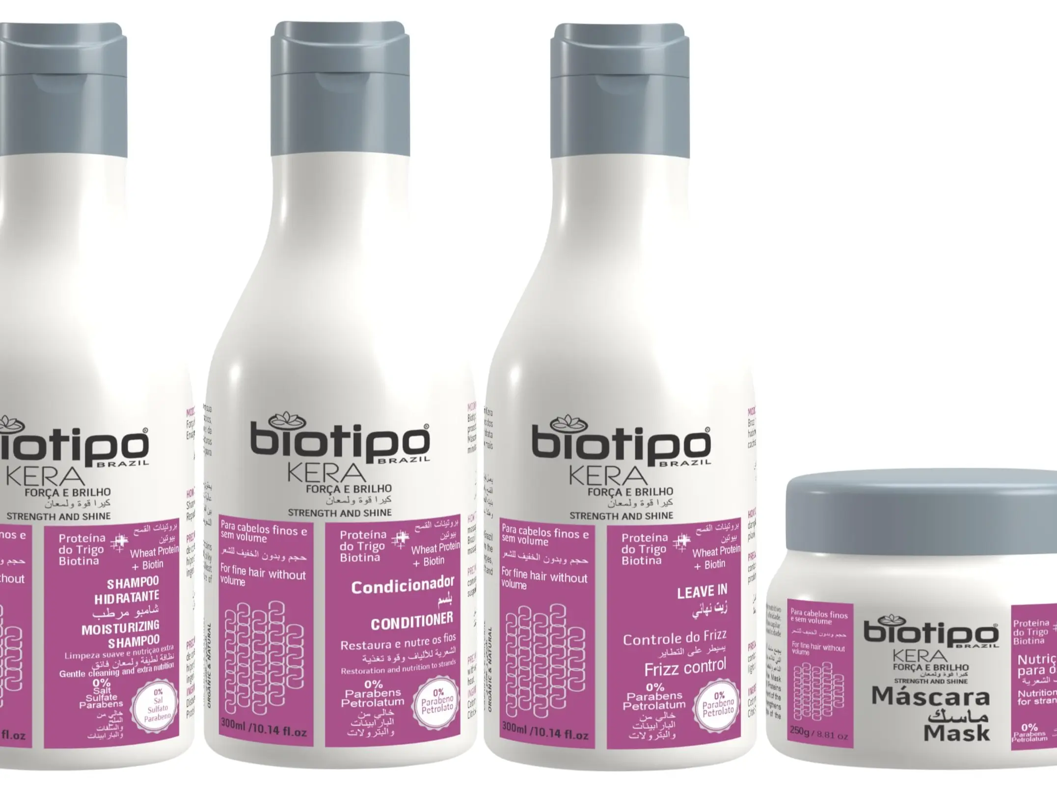 Biotipo Brazil KERA Strength & Shine 4-Piece Haircare Kit - Biotin, Wheat Protein Cleanser Shampoo, Hydrating Conditioner, Frizz Control, Youthful Nourishing Mask for Fine Fragile Hair (Hydrates Daily), Hydrate