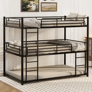 Rust-Proof Steel 3-Tier Metal Bed Frame, Twin-Sized Triple Bunk with Ladder and Guardrails, Floor Bed for Teens, Black