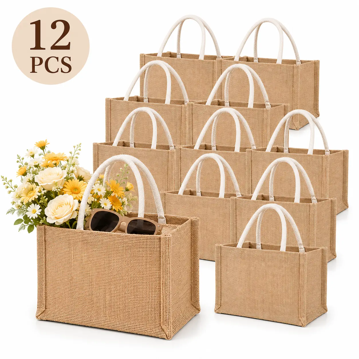 6/12 PCS Small Jute Tote Bags, Reusable Burlap Gift Bags with Cotton Handles, DIY Craft Bags for Wedding, Party Favors, Shopping, Gifts & Everyday Essentials