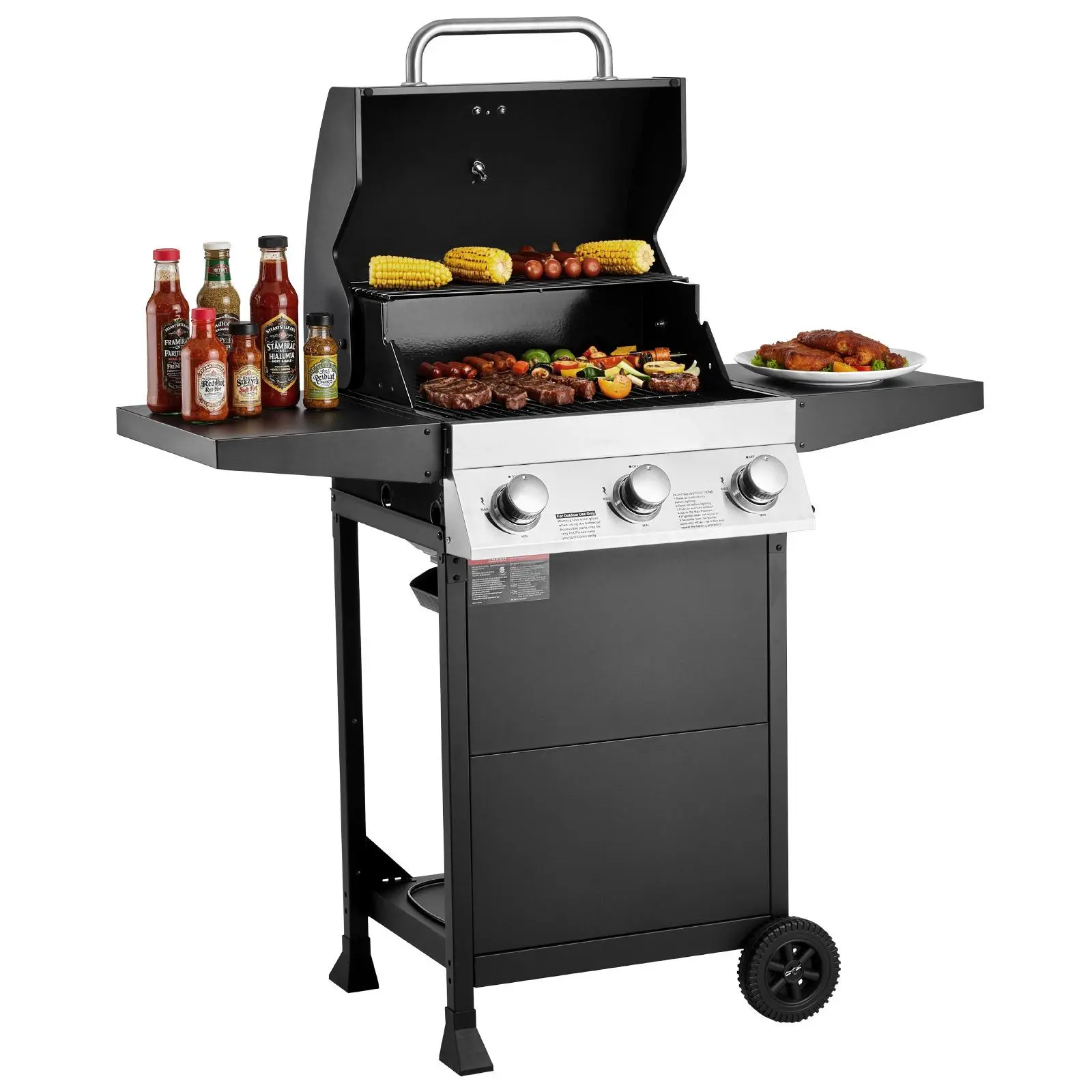 【SummerFinds】VEVOR Gas Grill,  3 Burner Propane Gas Grill with Spacious 338 SQ.In Grilling Area, Carbon Steel Enamel Grates, Outdoor 36,000 BTU Patio Garden BBQ Grills with Foldable Side Shelves, Carbon Steel