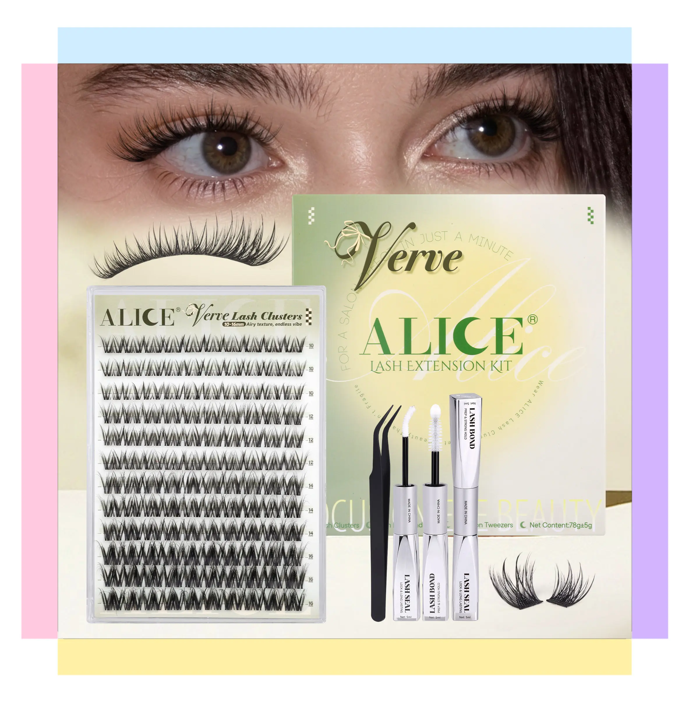 ALICE Eyelashes Extensions Kit, Featherlight Individual Lash Clusters with Invisible Band for a Natural Look, For Beginners, 10-16mm Mixed Lengths