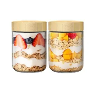 2-Pack 16oz Glass Cups with Sealed Lids, Overnight Oat Container, Bamboo Lid, Wide Mouth Mason Jar, Food Storage, Perfect Gift