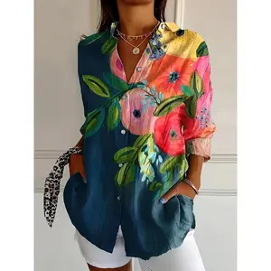 Floral Print Polyester Blouse - Women's Casual Lapel Collar Shirt for Spring/Fall - Woven Shirting Top for Adults