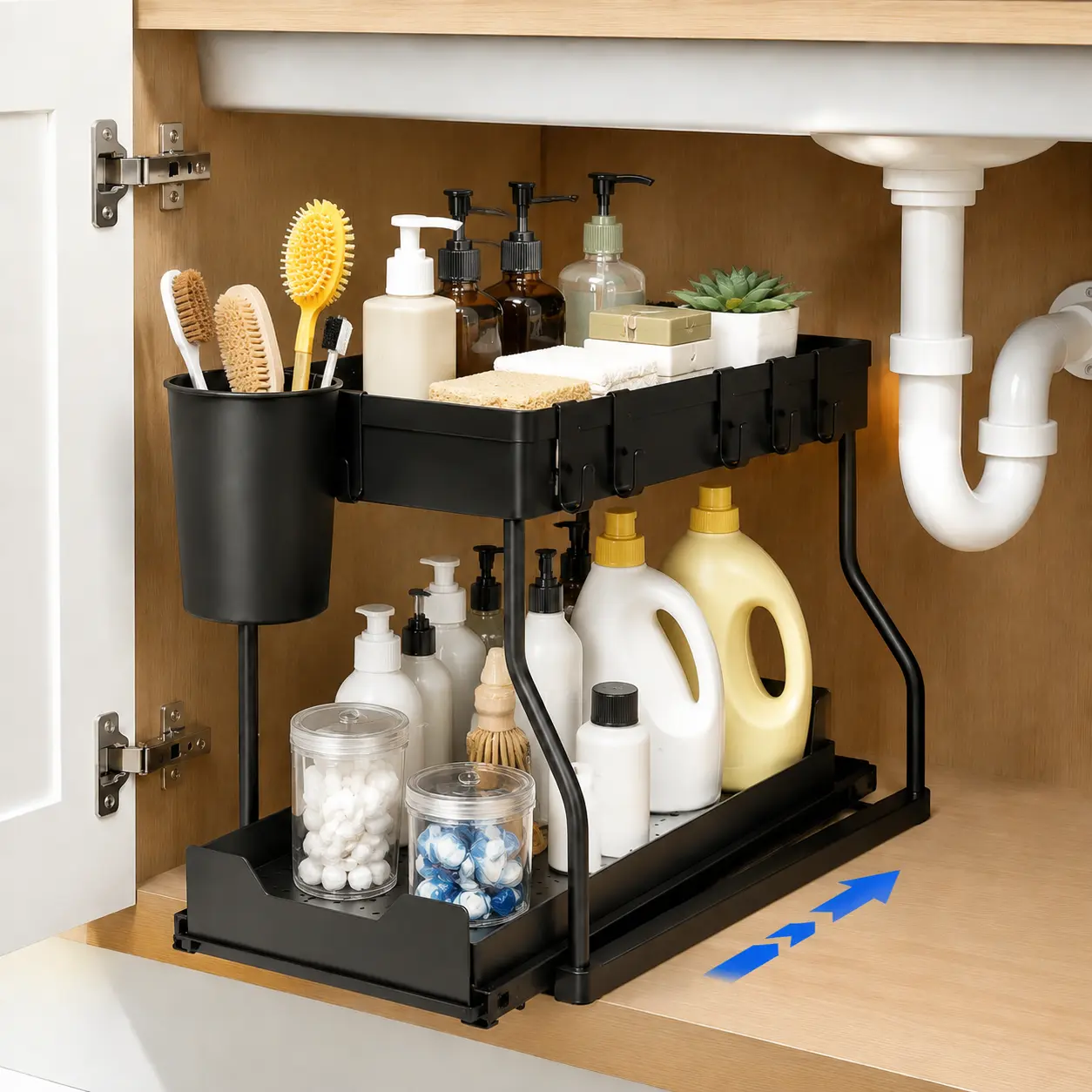 Undersink storage rack with 2 layers of high-quality metal pull-out kitchen cabinet storage boxand sliding drawer, adjustable height, heavy-dutykitchen and bathroom storage container organizer
