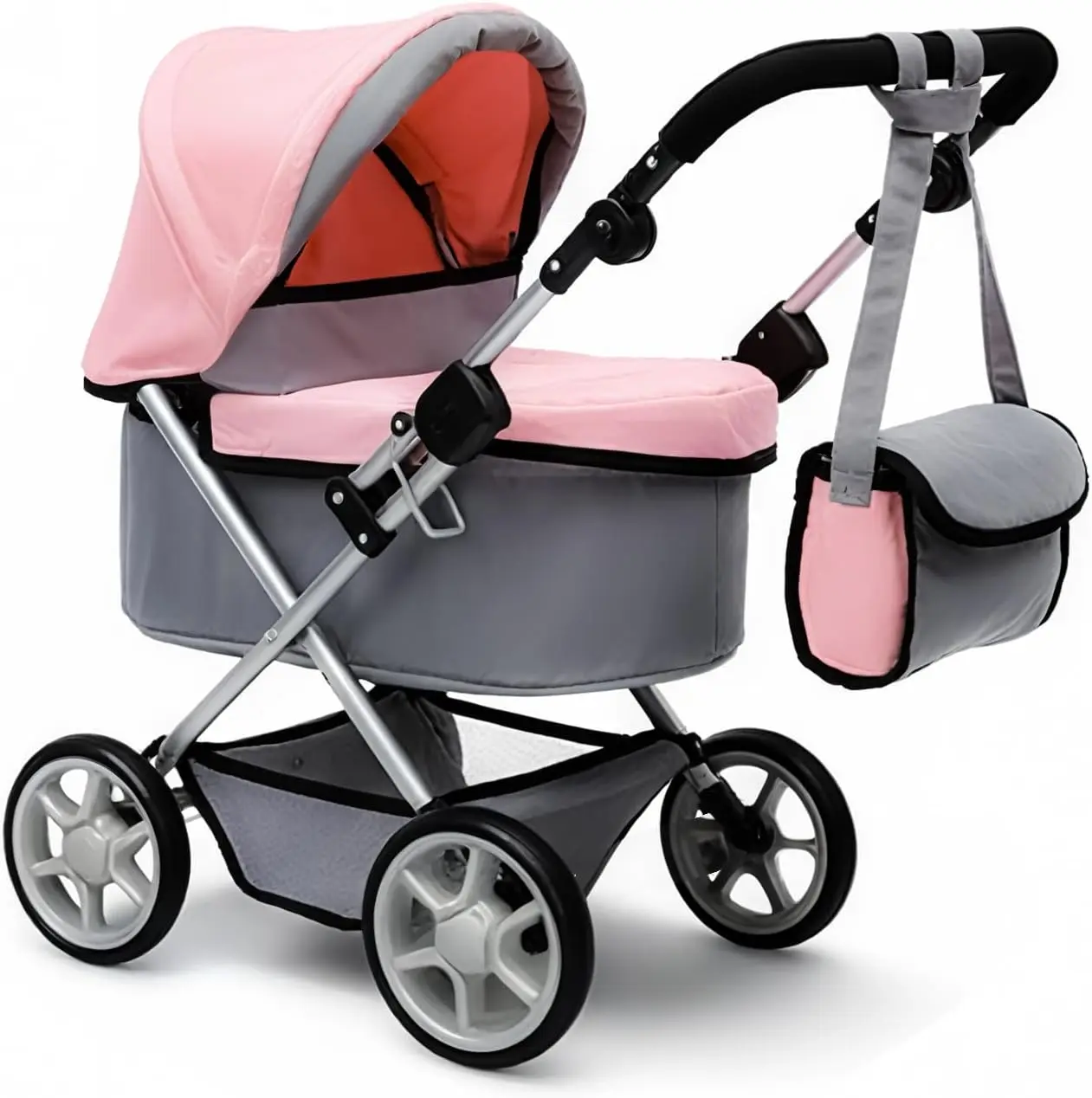 Baby Dolls  Stroller Foldable Pram Soft Adjustable Handle Quick-Folding Design A Shoulder Bag Pink -Grey Color