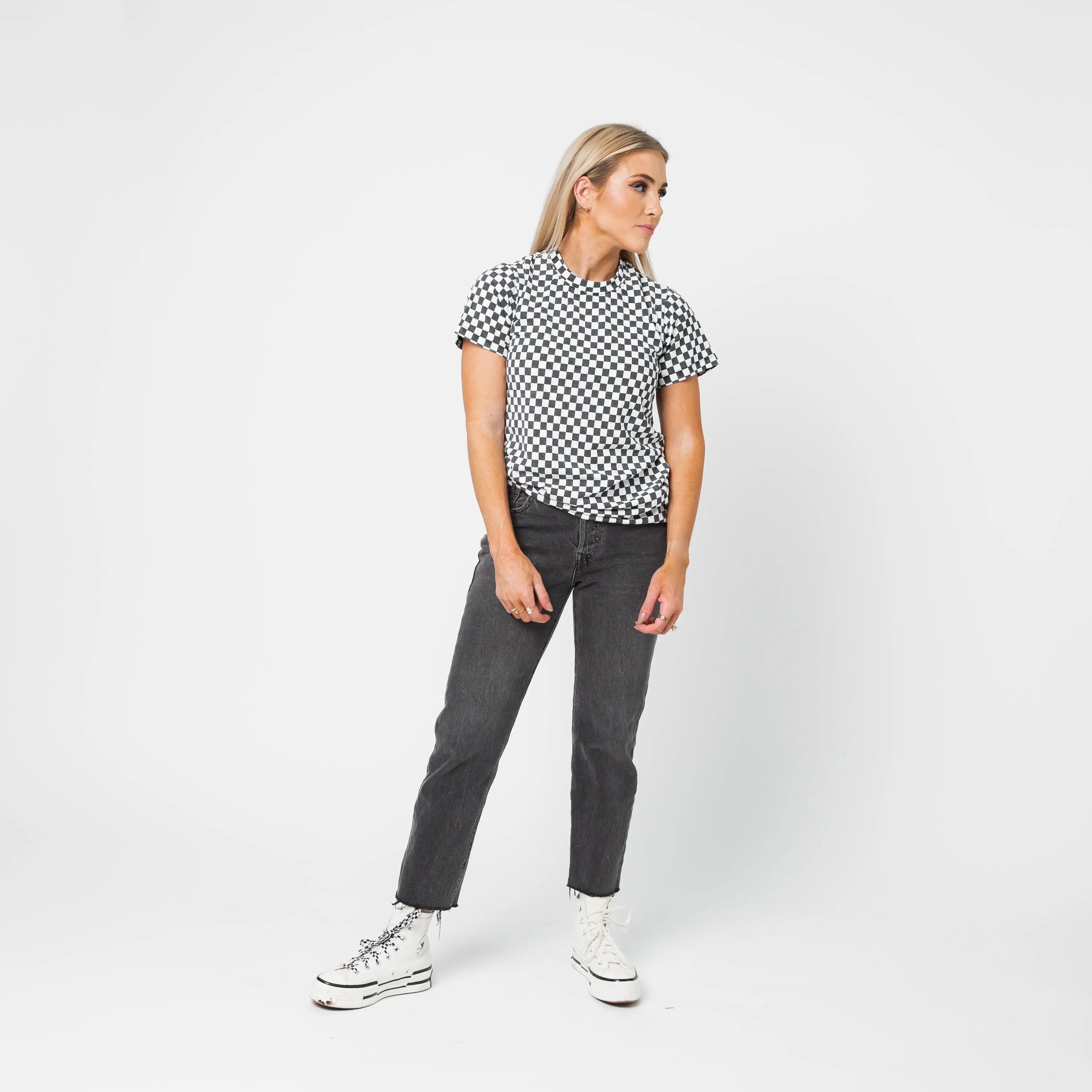 Women's Casual Mini Check Tshirt, Black & White Shortsleeve Stretchy Knit Unisex Wear for All Seasons, Soft, Print, Fabric, Tops, Stretch Knit