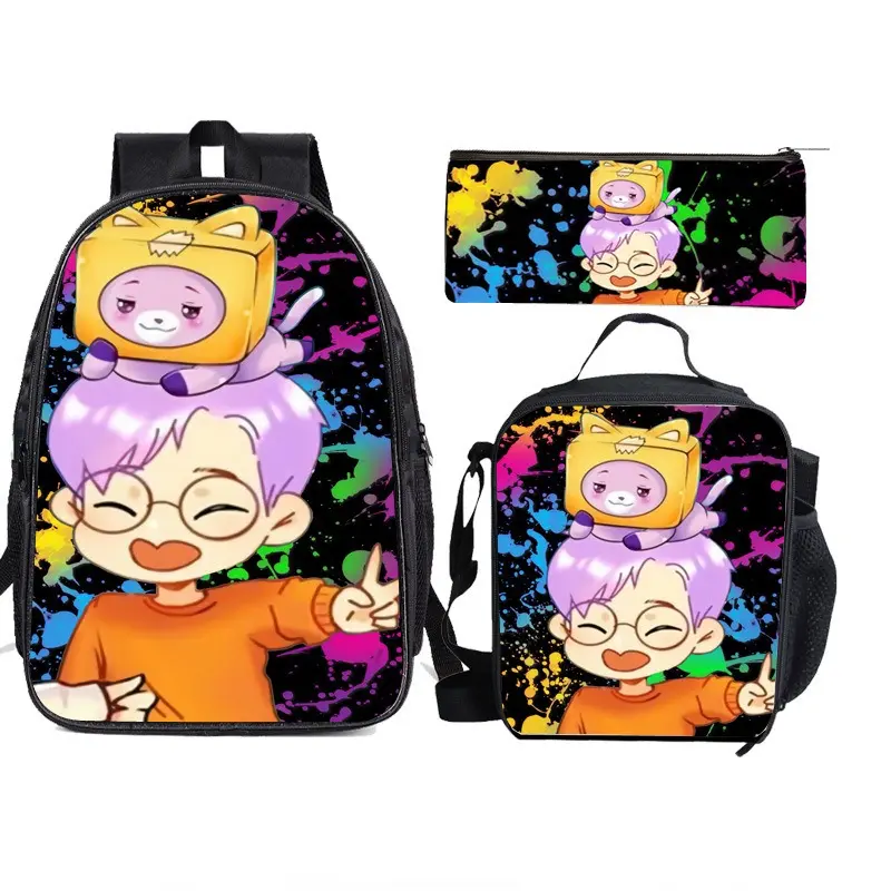 Lankybox Anime Backpack Set 3 Pieces with Lunch Bag and Pencil Case for Women Men, Fashion Daypack, Classic High Backpack for Teens, Travel Laptop Backpacks