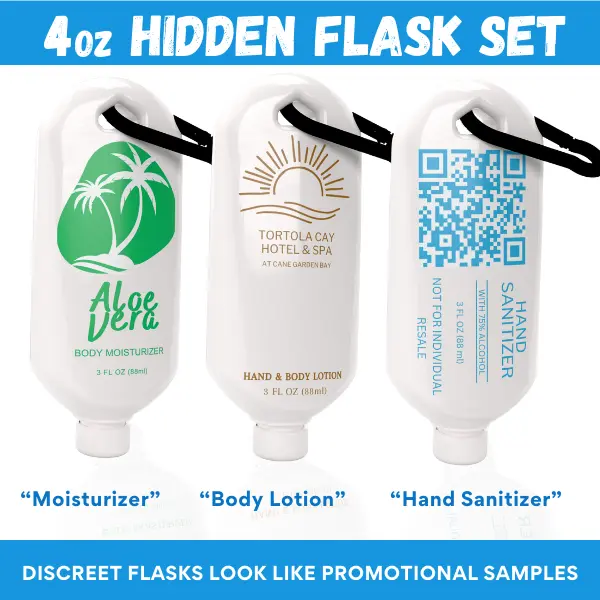 Classy Wino Discreet Hidden Flask Set - 3-Piece 4oz BPA-Free Food-Grade Plastic Flask with Leak-Proof Seal, Funnel for Beverage Storage, Hand Sanitizer, Lotion & Hygienic Cosmetic Use