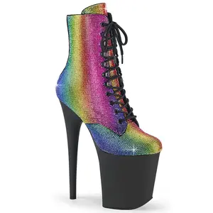 Women's Platform Lace Boots, 8-in Heel FLAMINGO-1020RS Rainbow Rhinestone Footwear