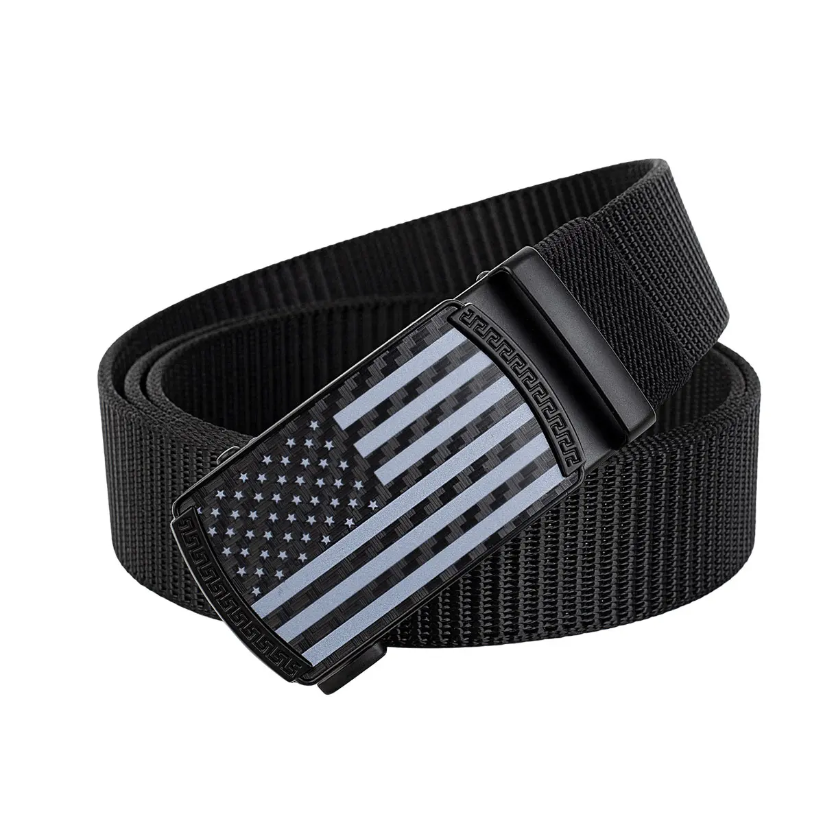 Patriotic Ratchet Belt for Men with American Flag Buckle, Durable Stretch Elastic Nylon Strap, Adjustable for Casual Wear & Golf