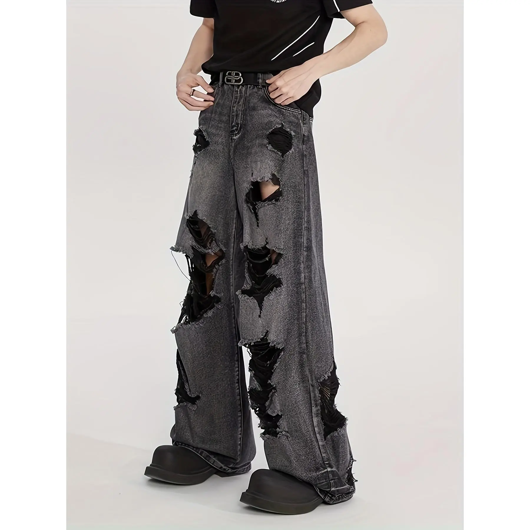 Loose Jeans Y2k Ripped Jeans Men'S Gothic Wide Leg Fashionable Distressed Jeans Hip-hop Rock Pants Harajuku Streetwear