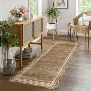 2 x 6 ft Light Brown Polyester Rectangular Geometric Look Runner Rug with Wavy Edge, Low Pile, Machine Washable, Durable, Decorative Rugs for High Traffic Laundry & Bathroom Areas