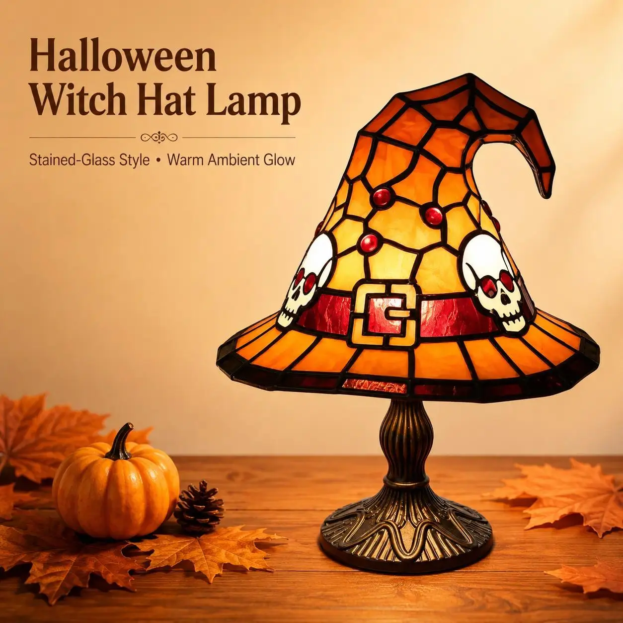 Halloween Witch Hat Single Lamp, Stained Glass Style Night Light with Ghost, Skull, Bat Designs, Spooky Cute Indoor Decoration Ornaments for Bedroom, Party Decor