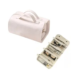 4-in-1 Roll-Up Toiletry Bag for Women Detachable Mesh Pouches for Skincare and Jewelry Storage Compact Foldable Travel Makeup Case Large Capacity Organizer with Hanging Option Sturdy Fabric and Smooth Zippers