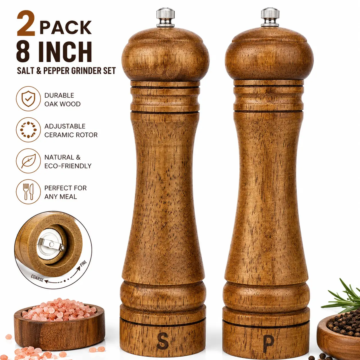 Wooden 2-Pack 8-in Rustic Oak Spice Grinder Set - Adjustable Ceramic Rotor Salt & Pepper Mills, Kitchen Utensils for Cooking, Dining (Natural Finish), Smooth