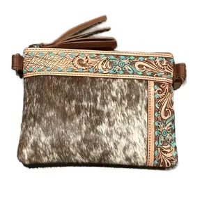 Brown & Teal Tooling crossbody/wristlet