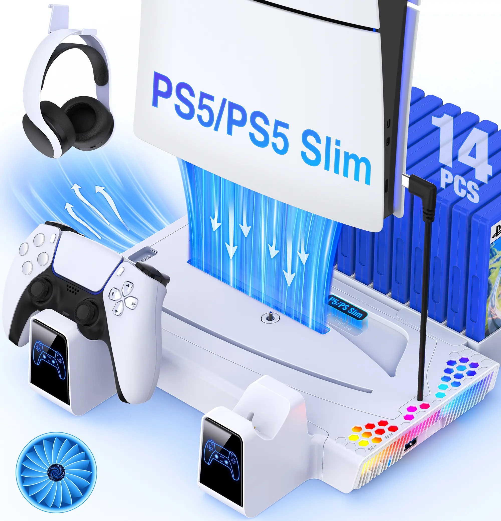 PS5 Stand and Cooling Station with Controller Charging Station for PS5 Slim, PS5 Accessories 3 Levels Cooling Fan, RGB Light, 15 Game Storage, Headset Holder for Playsation 5 Digital/Disc