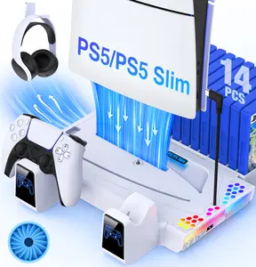 PS5 Stand and Cooling Station with Controller Charging Station for PS5 Slim, PS5 Accessories 3 Levels Cooling Fan, RGB Light, 15 Game Storage, Headset Holder for Playsation 5 Digital/Disc