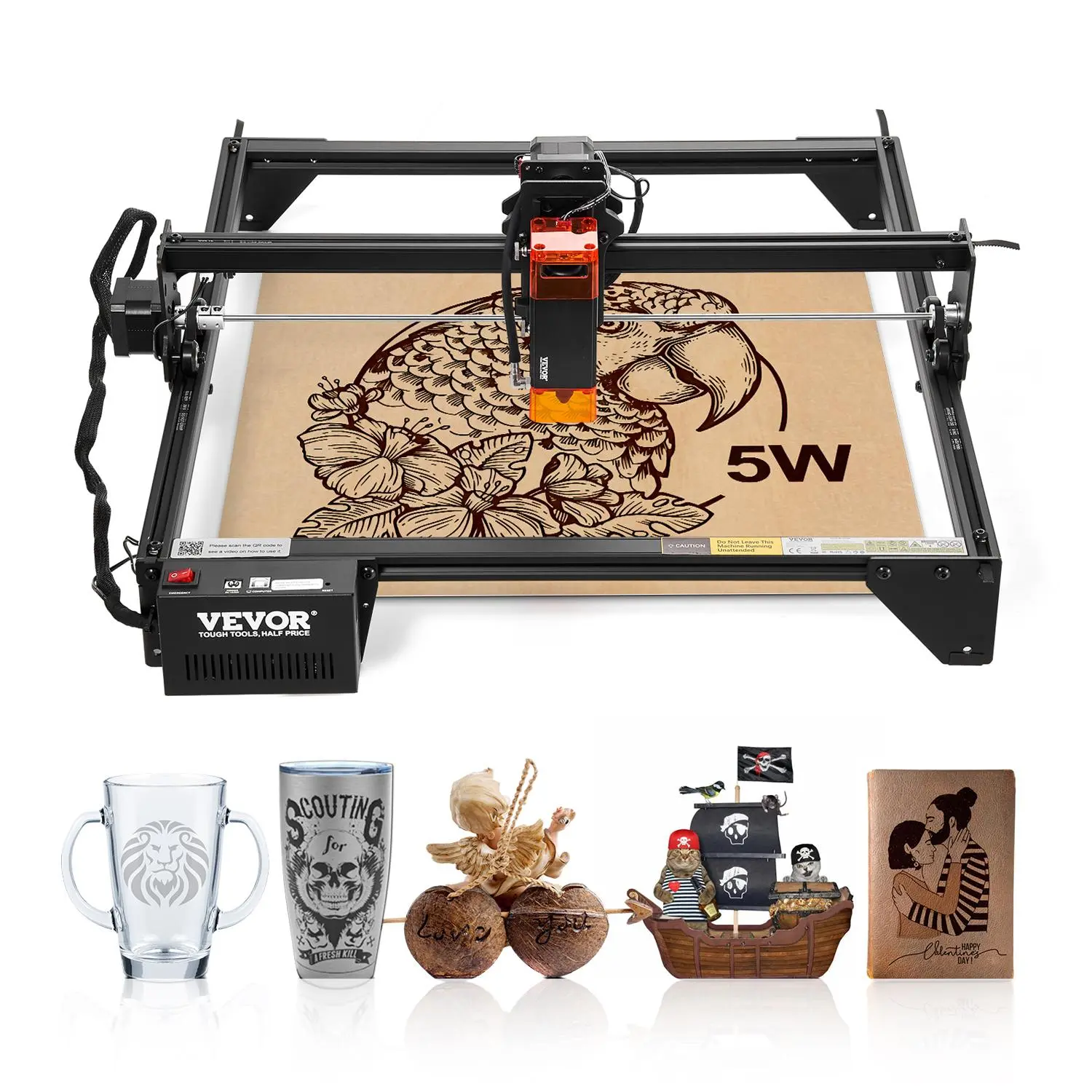 VEVOR Hardware 5W Laser Engraver Cutter Power Tool, 38x40cm/14.9x15.7in Working Area, 10000mm/min Speed, Compressed Spot, Eye Protection, USB-Connected, Linux/Windows Compatible, for Wood-Certain Metal, Father's Day Gift Option, Cutting