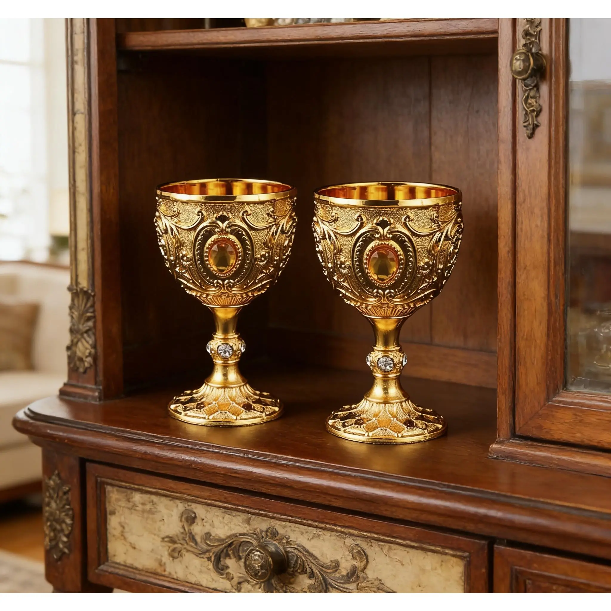 2pcs Round Vintage Medieval-Renaissance Style Imitation Chalice Goblets, Luxurious Golden Finish, Ornate Floral Patterns, Handcrafted Metal Cups, Hand Wash Only, Housewarming Gifts for Teen-Family, Home Decor Supplies