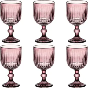 Purple Glasses Drinking set of 6 Colored  Water Stemware Pink Goblets Glassware 11 oz for Wedding Party Bar Vertical Embossed  Stemmed Cups 330 ml