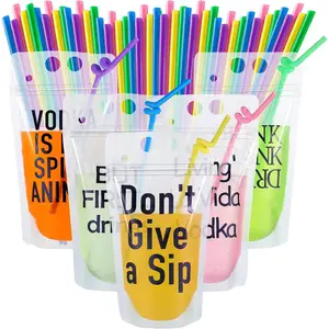20 Sets Party Drink Pouches with Straws Plastic Juice Pouches for Adults with Reclosable Clear Zipper Energy Drink Bags Beverage Bags for Club Bachelorette Pool Party Favors