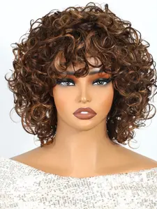 Highlights Color 200% Bouncy Curly Medium Length Bob Human Hair Quality Wigs, Loose Bouncy Rose Curly Wigs with Bangs, Brazilian Remy Hair Machine-Made Wig for Women