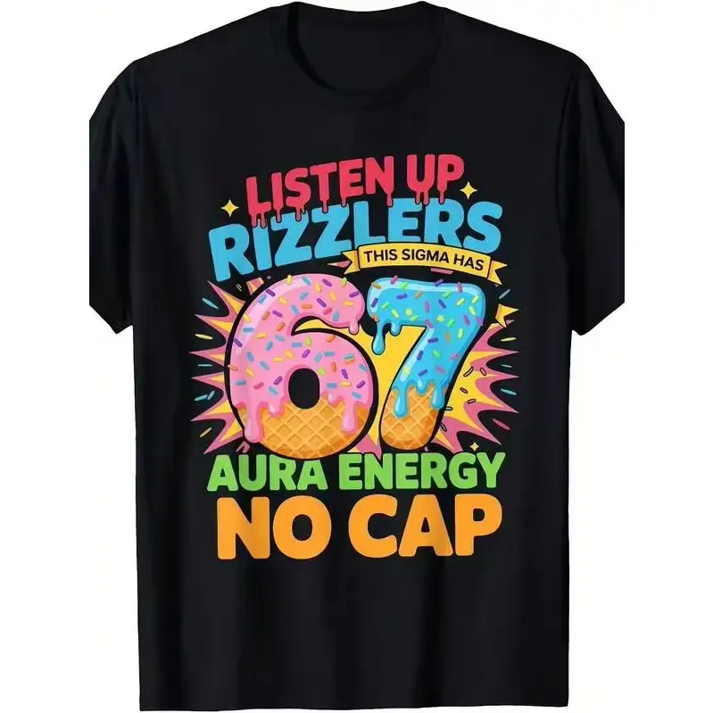 Men's Short-Sleeve Unisex T-Shirt, Funny Sigma Rizzlers Graphic with Number & Sprinkles Design, "Listen This Energy" Slogan, Casual Streetwear Menswear Round Neck Tee for Parties, Matching Style, Shortsleeve, Tops