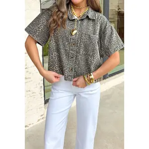 Gray Vintage Leopard Print Short Sleeve Loose Cotton Denim Shirt