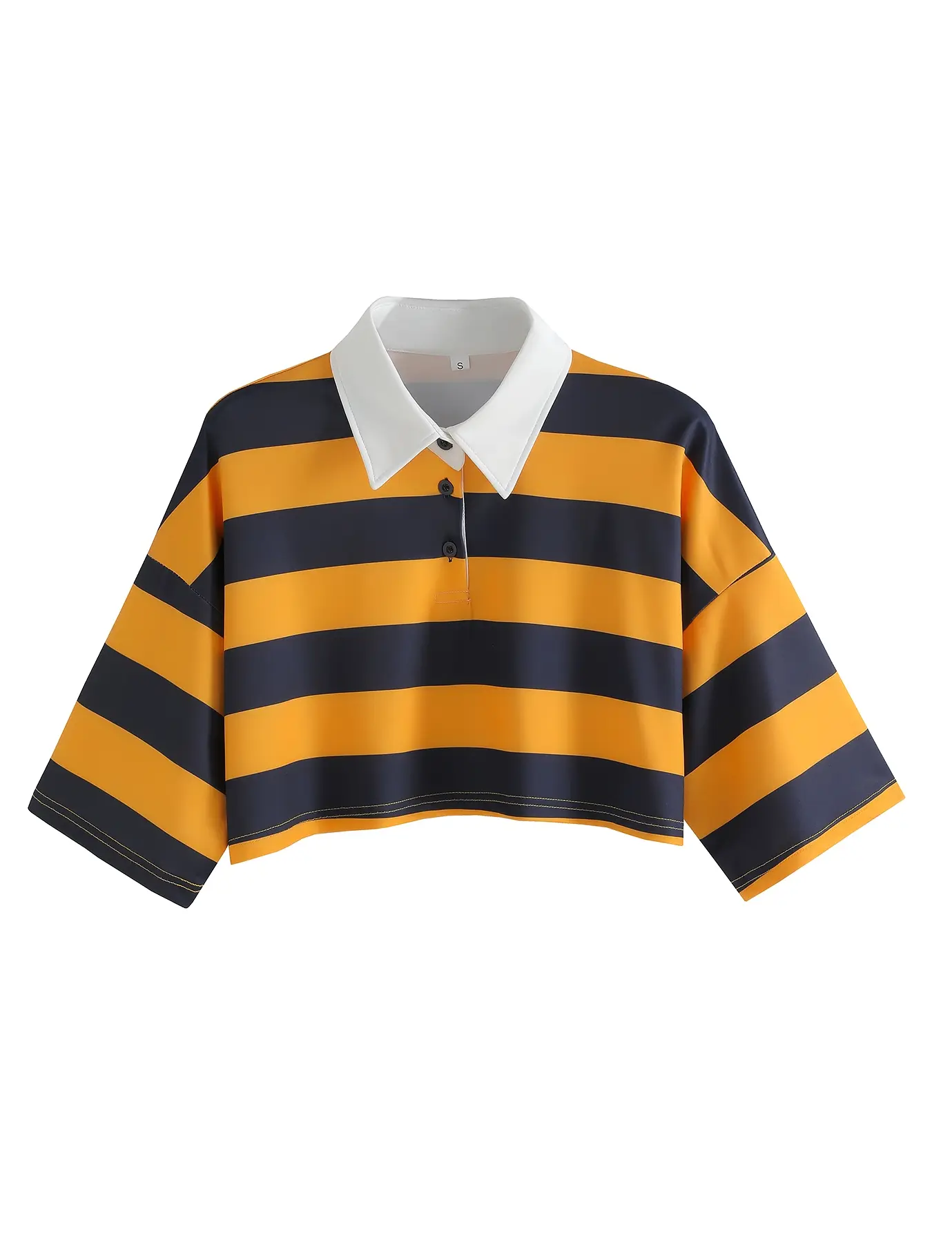 Vintage Colorblock Striped Loose Fit Cropped Short Collared Polo Shirt, High Waist Slimming Half Sleeve Casual Street Style Top for Women