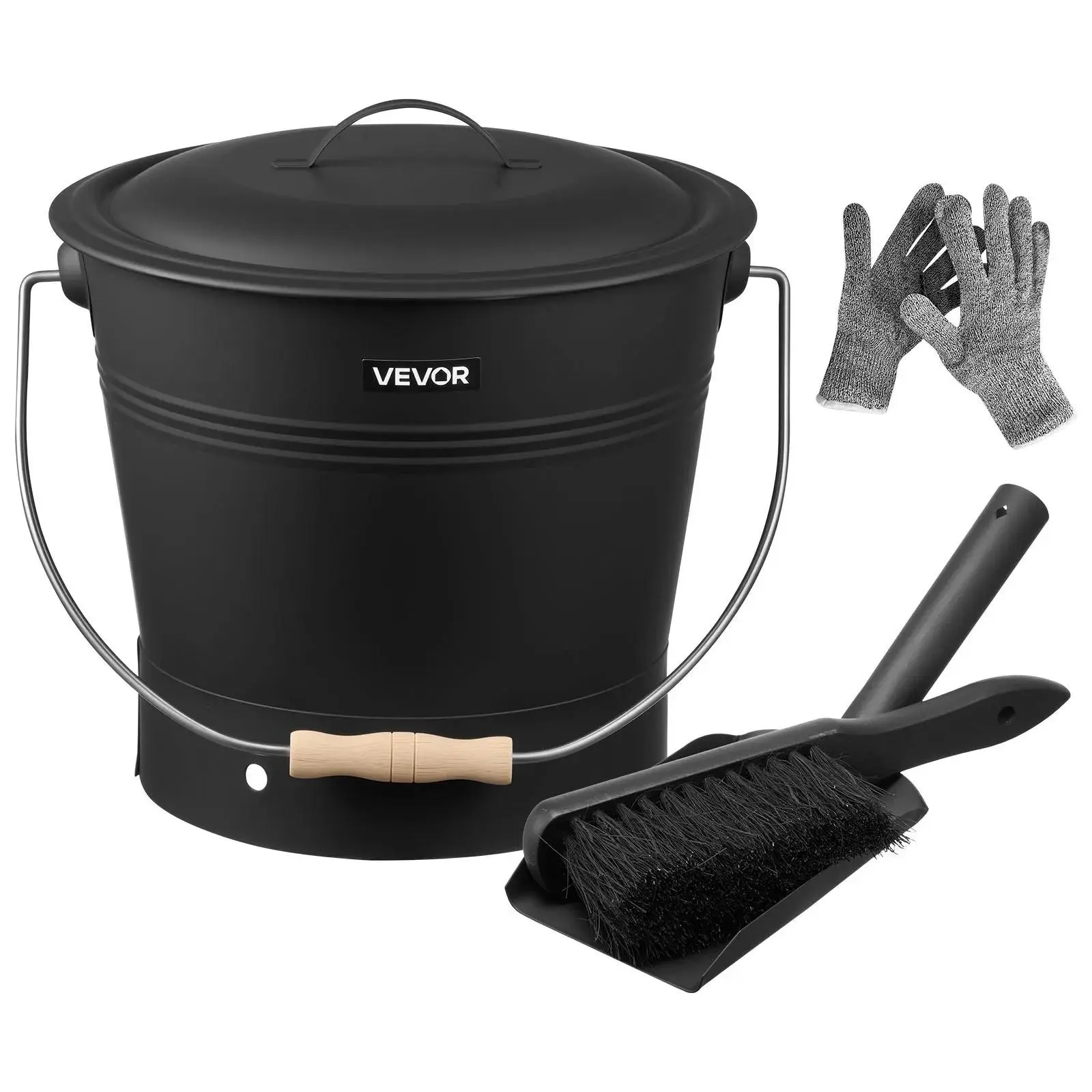 VEVOR Carbon Steel 4-in-1 Metal Ash Bucket Set (4 Pcs) Home Supplies, 2.6 GAL Large Capacity Compact Size with Anti-Spill Lid, Shovel, Brush, Gloves, Corrosion Resistance, 15.35 in Height, for Fireplace, Outdoor Fire Pits, 4-In-1 Set