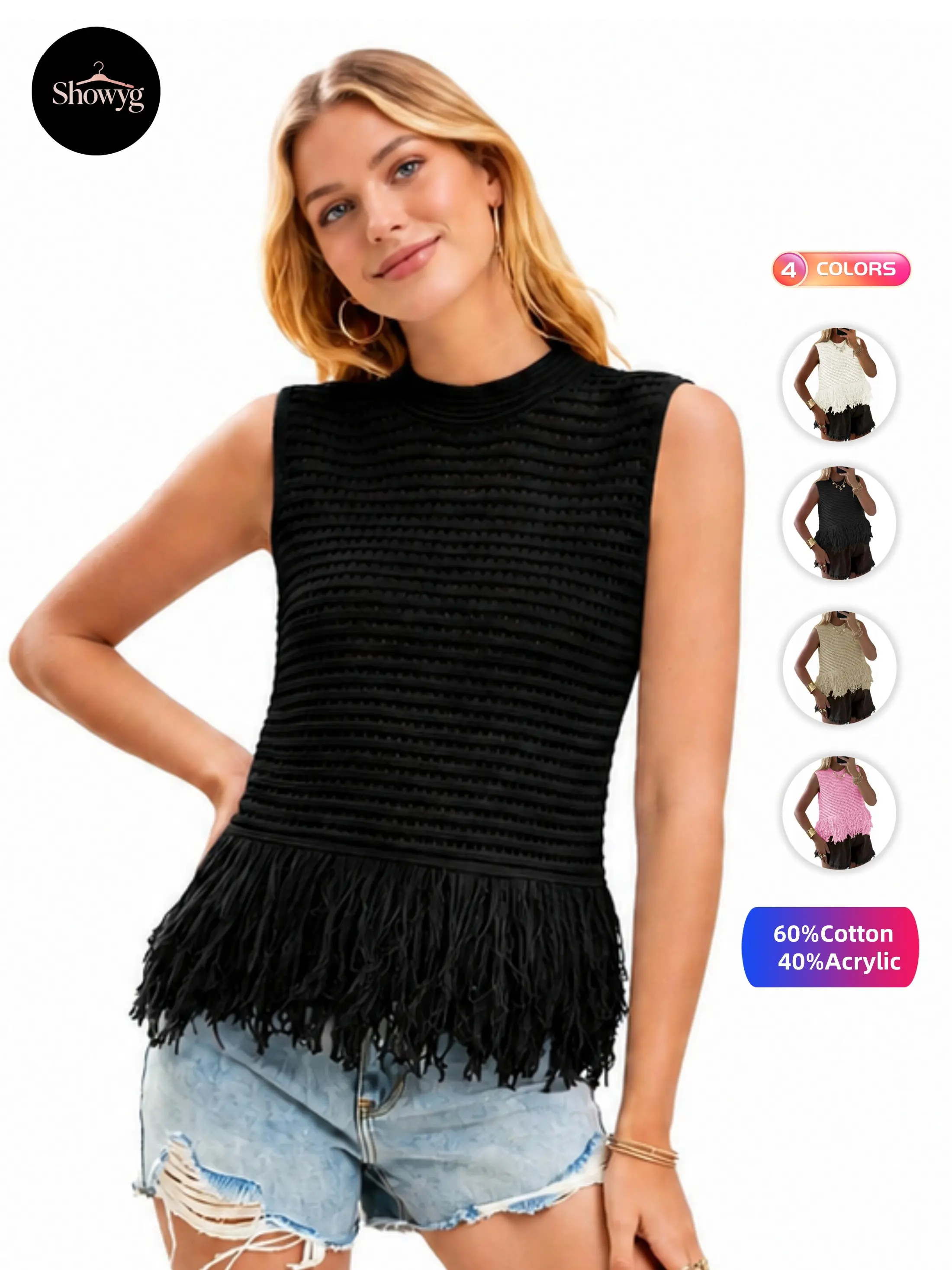 Showyg Women's Boho Comfy Round Neck Sleeveless Knitwear Top, Summer Fabric Hollow-Out Cropped Pullover with Fringe Hem, Regular Fit, Lightweight