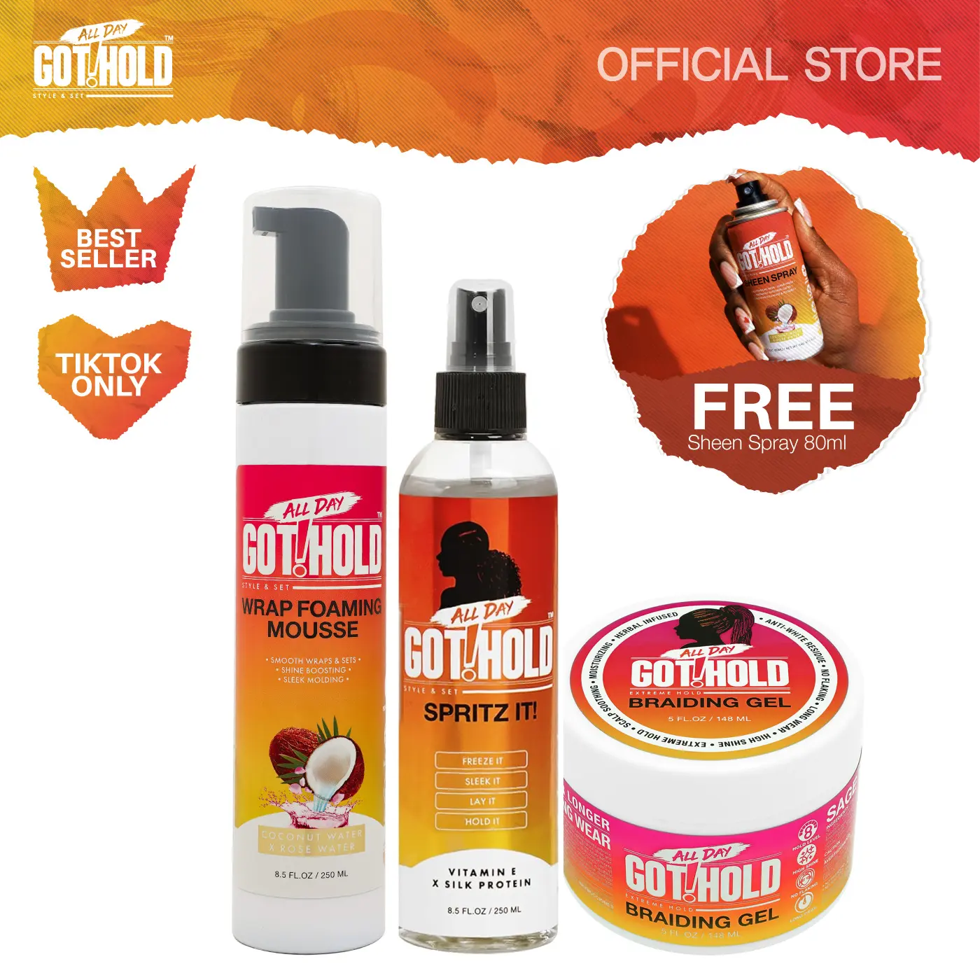 ALL DAY GOT HOLD Unisex Haircare 4-Piece Braiding & Care Bundle - Strong Hold, Lightweight Gel/Mousse, Frizz Control Spray for Fine/Curly Protective Styles, Haircare Benefits & Glossy Braid Shine, Frizz Free Styling, Curly Hair
