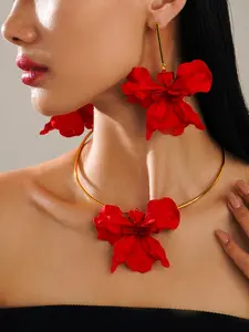 Fashion Boho Simple Exaggerated Petal Pile Pendant Earrings Set, Irregular Flower Necklace, Daily Party Wear, Fashionable Jewelry Set, 2 Piece Matching Jewelry Set