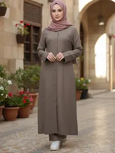 Two-Piece Long-Sleeve Shirt Set with Belted Waist & Loose-Fit Pants, Breathable Linen-Like Fabric with Pockets, Casual Modest Abaya Hijab Set