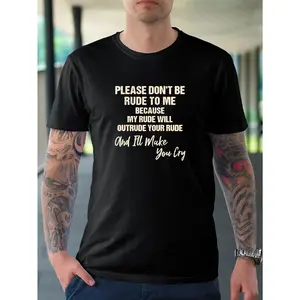 Men's Casual Stretch Short-Sleeve Crew Neck T-Shirt - "Please Don't Be Rude" Humorous Print, Breathable Blend, Ideal for Summer