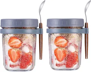 Overnight Oats Containers with Lid and Spoon Set of 2, Overnight Oats Jars 12 oz Large Capacity Airtight Oatmeal Container with Measurement Marks, Reusable On The Go Cups for Cereal Yogurt, Milk, Salads, Fruit (Grey)