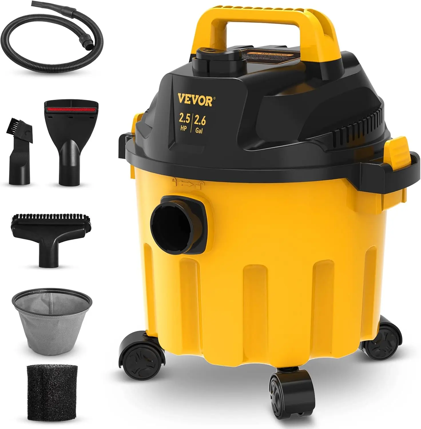 VEVOR 2.6 Gal 2.5 Peak HP 3-in-1 Wet-Dry Shop Vacuum, Portable Shop Vac & Blower with Filter, Hose, Attachments for Home, Car Cleaning (Black/Yellow)