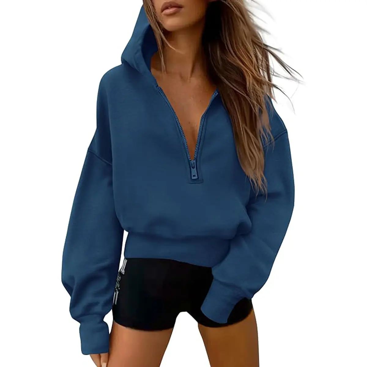 PrettyGarden Women's Fleeced Half Zipped Fall Hooded Sweatshirts [ Plain] Long Sleeve Cropped Hoodies Pullover Winter Fashion Clothes, Cozy Womenswear#Hoodieing