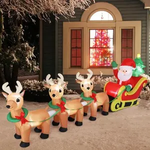 10ft 3 Deer Pulling Cart with 11 Light Strings Inflatable Garden Elk Decoration