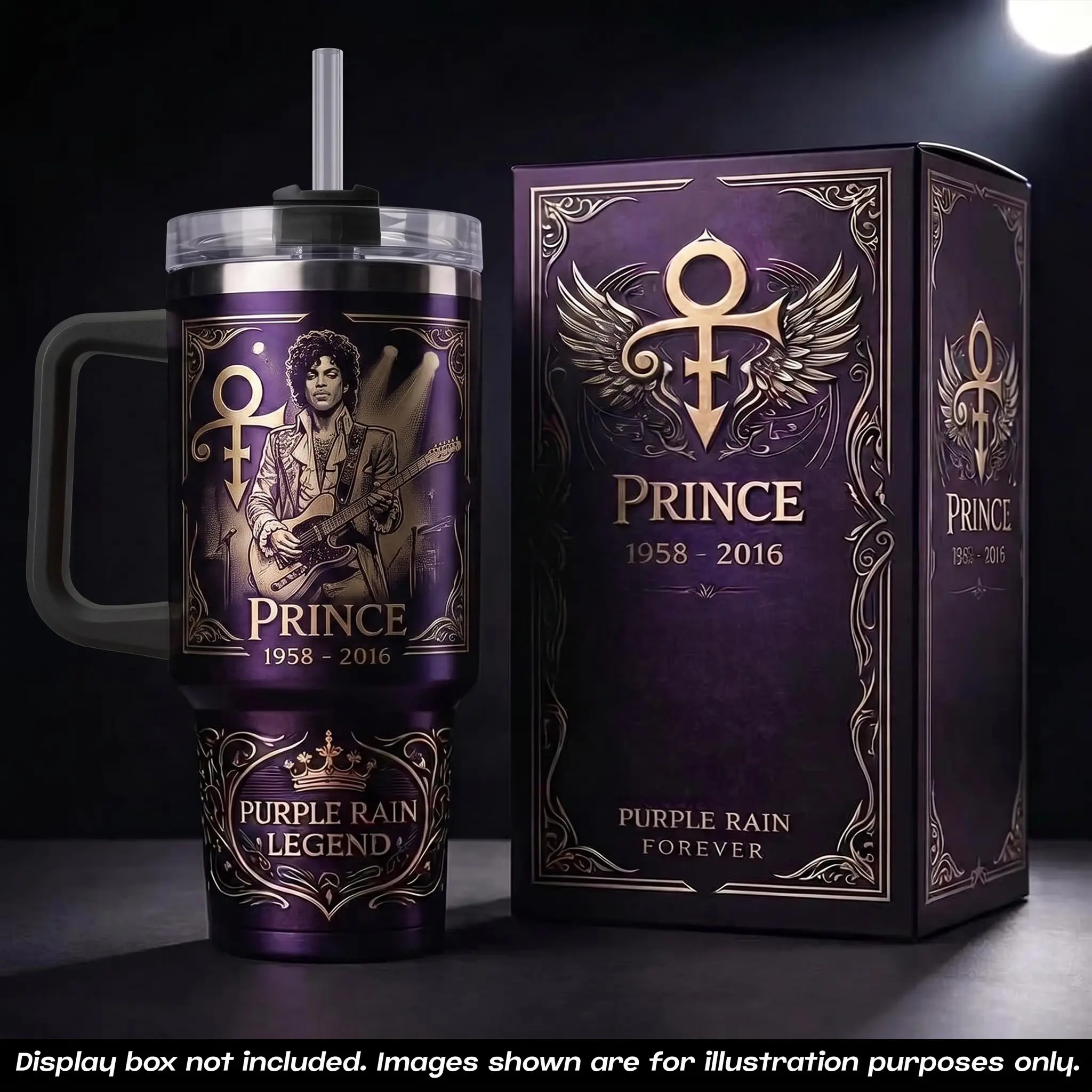 Prince 1958-2016 Tribute Insulated Tumbler - Limited Edition Purple Rain Legend Gold Engraved Reusable Travel Mug with Handle, Straw, Lid & Stylish Printed Design, Premium Stainless Steel Cup, Musician Fan Collectible Gift, Insulation, 40Oz